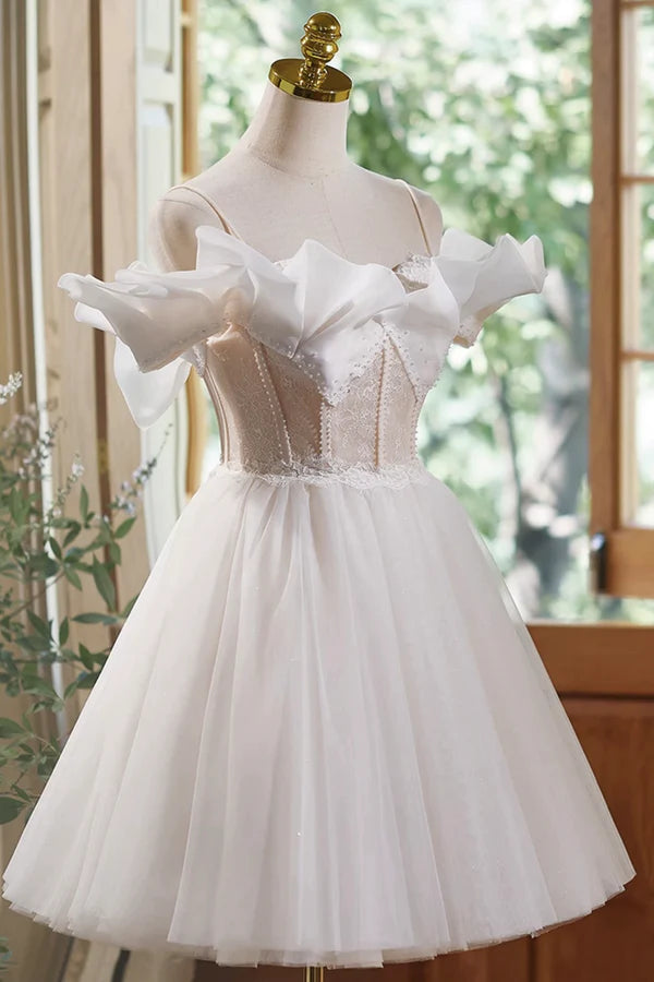 Cute Spaghetti Strap Tulle Lace Homecoming Dress Off Shoulder Short Prom Dress